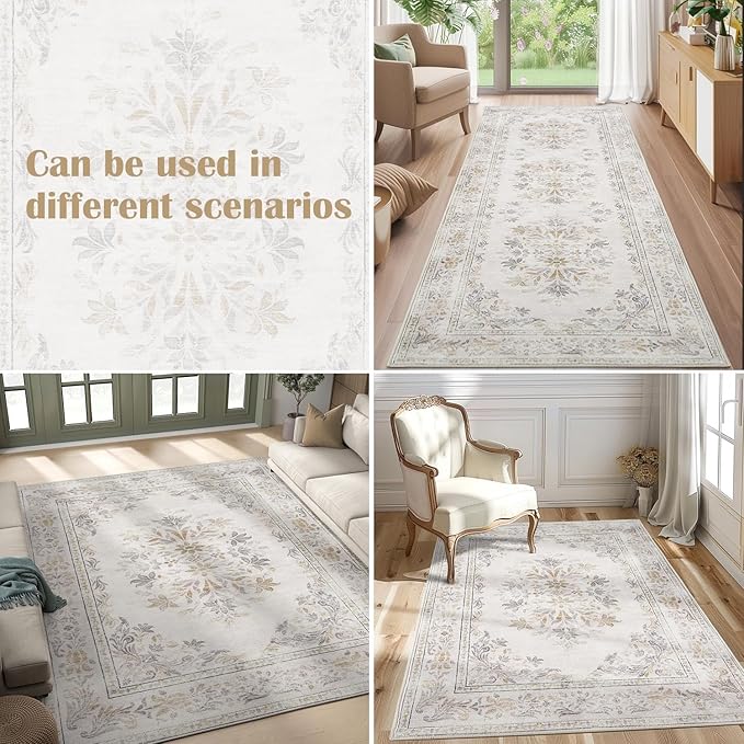 jinchan Floral 2x3 Rug for Entryway - Vintage Washable Area Rug Ultra-Thin Low Pile Soft Small Non Slip Distressed Indoor Door mat Accent for Entrance Kitchen Bedroom Bathroom (2x3ft,Light Grey)-CubbioJoy