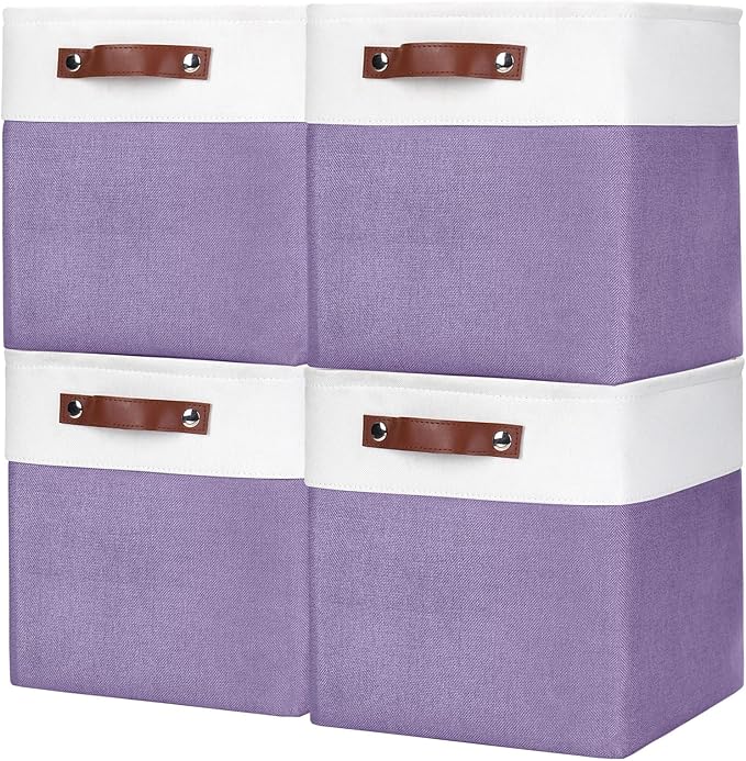 Collapsible Fabric Storage Cubes 11x11 Cube Storage Bins, 4 Pack Closet Baskets Box with Handles for Organizing, Shelf, Toys, Clothes, Home, Office, Nursery (Purple&White)-CubbioJoy