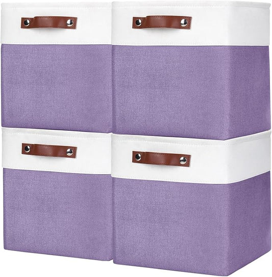 Collapsible Fabric Storage Cubes 11x11 Cube Storage Bins, 4 Pack Closet Baskets Box with Handles for Organizing, Shelf, Toys, Clothes, Home, Office, Nursery (Purple&White)-CubbioJoy