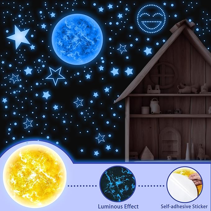 965 PCS Glow in The Dark Stars and Sun for Ceiling, Luminous Stars and Planet Wall Decals, Kids Room Decor, Glowing Galaxy Wall Stickers for Nursery Decorations (Blue)-CubbioJoy