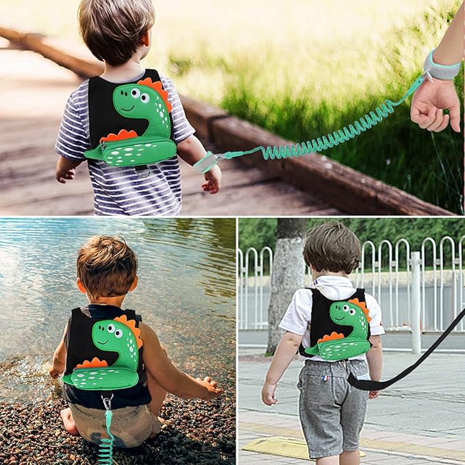 3 in 1 Toddler Harness Leash + Baby Anti Lost Wrist Link, Accmor Cute Dinosaur Child Safety Harness Tether, Kids Walking Wristband Assistant Strap Belt for Parent Boys Outdoor Activity (Black)-CubbioJoy