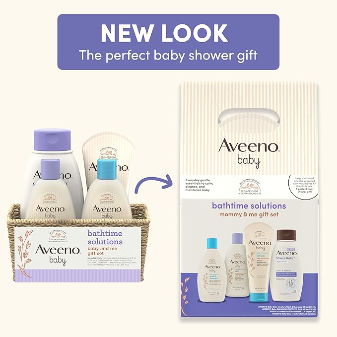Aveeno Baby Bathtime Solutions Mommy & Me Gift Set, Baby Wash & Shampoo, Calming Bath, Daily Moisturizing Lotion & Stress Relief Body Wash for Mom, Nourishing Oat, Registry Must Haves, 4 items-CubbioJoy