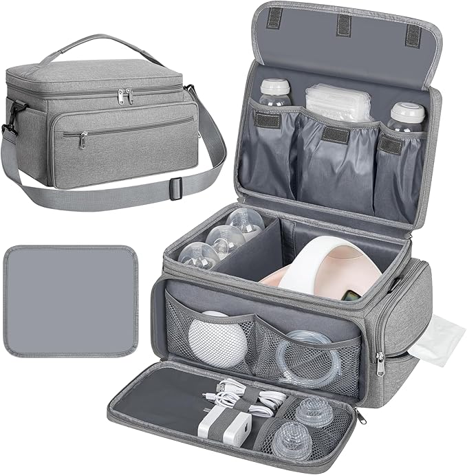 Breast Pump Bag for Spectra S1 S2 with Waterproof Mat, Breast Milk Cooler Bag for Pump Essentials, Pumping Bags for Working Mom Travel Camping, Grey-CubbioJoy