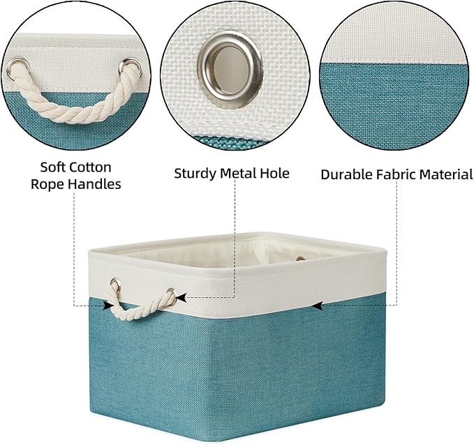 Bidtakay Basket Storage Bins with Handles Fabric Large Storage Baskets for Organizing Set of 3 Collapsible Rectangular Basket for Shelves Closet Organizer 15 X 11 X 9.5 Inches(White&Teal Blue)-CubbioJoy
