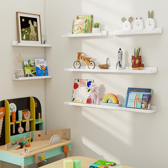 Axeman Picture Ledge Shelf, Floating Shelves for Wall Decor Storage Set of 6, 24 inch Floating Wall Mounted Shelves, Wall Shelves with Lip for Living Room, Bedroom, Nursery, Bathroom, Kitchen, White-CubbioJoy