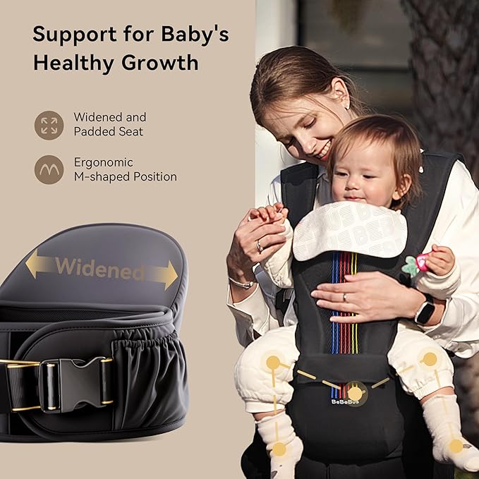 Baby Carrier with Hip Seat, BeBeBus 2-in-1 Ergonomic Newborn to Toddler Carrier up to 44 lbs, Detachable Hands-Free for Infant, All Season Forward-Facing Carry, Fits Waist Sizes up to 38 inch (Black)-CubbioJoy