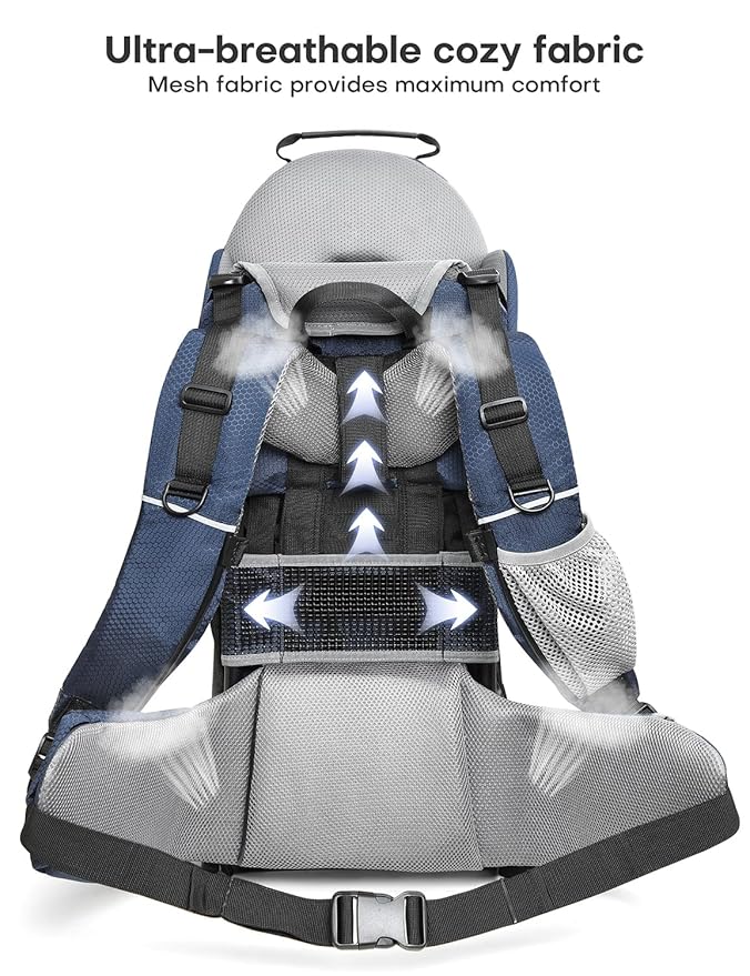besrey Baby Backpack Carrier, Toddler Hiking Backpack with Safety 3-Height Seat, Adjustable Straps&Waist Belt, Foldable Frame Lightweight Large Capacity Child Carrier for Hiking (Blue/Grey)-CubbioJoy