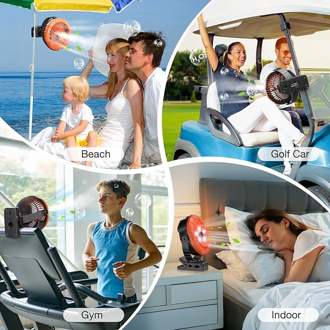 Ausic Portable Misting Clip on Fan, 100ml Camping Stroller Fan with LED, Max 45H Working Time Golf Cart Fans, 360° Rotate Cooling Spray, Outdoor Rechargeable Battery Fans for Travel/Home/Beach-CubbioJoy