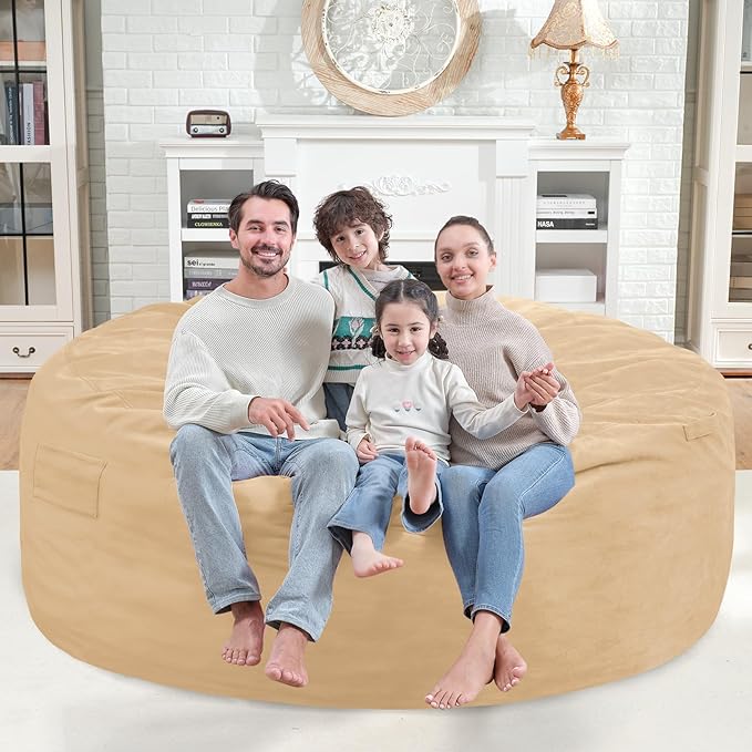 6FT Bean Bag Chair, Large Bean Bag Chairs with Memory Foam Filled, Fluffy Beanbag Sofa with Dutch Velvet Cover, Round BeanBag Chairs for Living Room, Playroom - Khaki-CubbioJoy