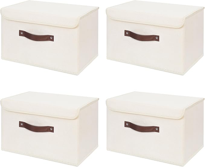 ANMINY 4PCS Storage Bins with Lid PU Leather Handles Storage Boxes PP Plastic Board Decorative Foldable Lidded Cotton Linen Fabric Home Cubes Baskets Closet Organizer Containers - Beige, Large Size-CubbioJoy
