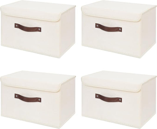 ANMINY 4PCS Storage Bins with Lid PU Leather Handles Storage Boxes PP Plastic Board Decorative Foldable Lidded Cotton Linen Fabric Home Cubes Baskets Closet Organizer Containers - Beige, Large Size-CubbioJoy