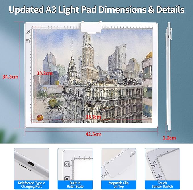 A3 Light Pad, Elice Tracing Light Box 3 Colors Mode Stepless and 6 Levels of Brightness Light Copy Pad, Wireless Rechargeable Led Light Board for Weeding Vinyl Diamond Painting Sketching (White)-CubbioJoy