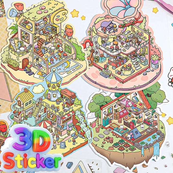 DIY 3D Sticker Scene，8 Sets Pack（600+） Large-Sized, Reusable Sticker Book, Cute Sets for Free Combination, Waterproof for Anywhere, Crafts Party Favors Birthday Gift-CubbioJoy