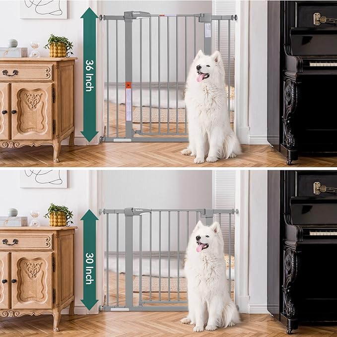 BABELIO 36-Inch Tall Baby Gate, 26-40" Wide Auto-Close Pet Gate, Easy Install and No-Drilling, Pressure Mounted with Wall Protectors and Extension Kits, Gray-CubbioJoy