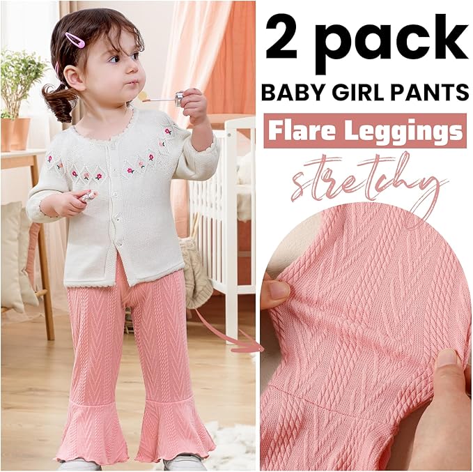 2 Pack Toddler Baby Girl Pants Flare Leggings Ribbed Knit Newborn Bell Bottoms Solid Ruffle Infant Pants for Girls-CubbioJoy