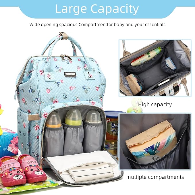 Diaper Bag Backpack for Women, Baby Bags for Girls,Diaper Bag with Changing Pad, and Insulated Pockets-Blue Flowers-CubbioJoy