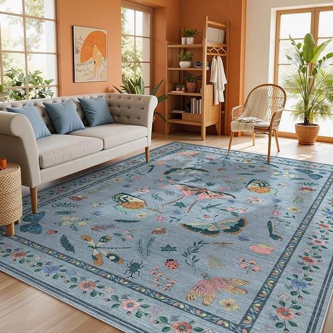 8x10 Area Rugs with Insect Print - Bug Rug Non-Shedding Stain Resistant Soft Carpet for Bedroom, Low Pile Ultra-Thin Machine Washable Carpet for Dining Room, Kids Nursery, Office (8'x10' Blue)-CubbioJoy