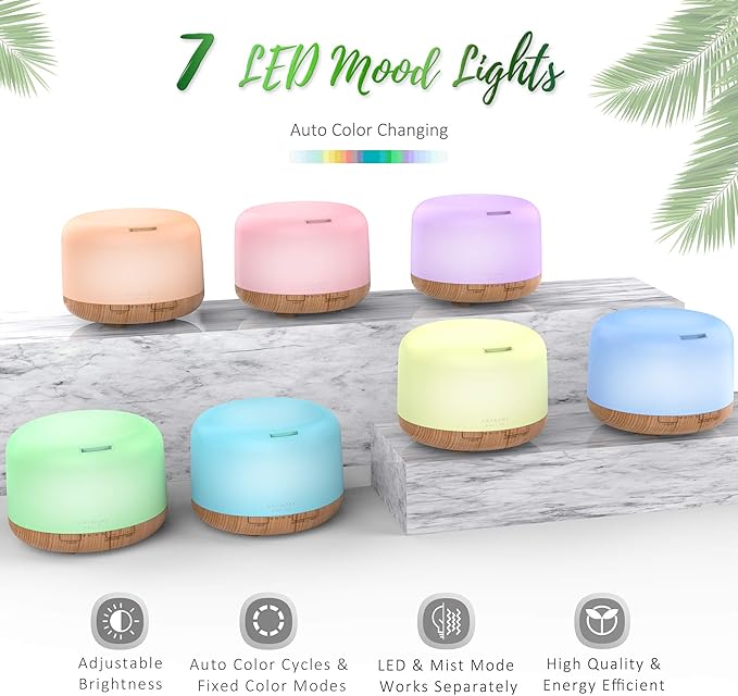 ASAKUKI Oil Diffuser with Essential Oils Set, 500ml Aromatherapy Humidifier with 14 LED Colors & Auto Shut-Off - 6 Oil Gift Pack(Lavender Eucalyptus Tea Tree Orange Peppermint Lemongrass)-CubbioJoy