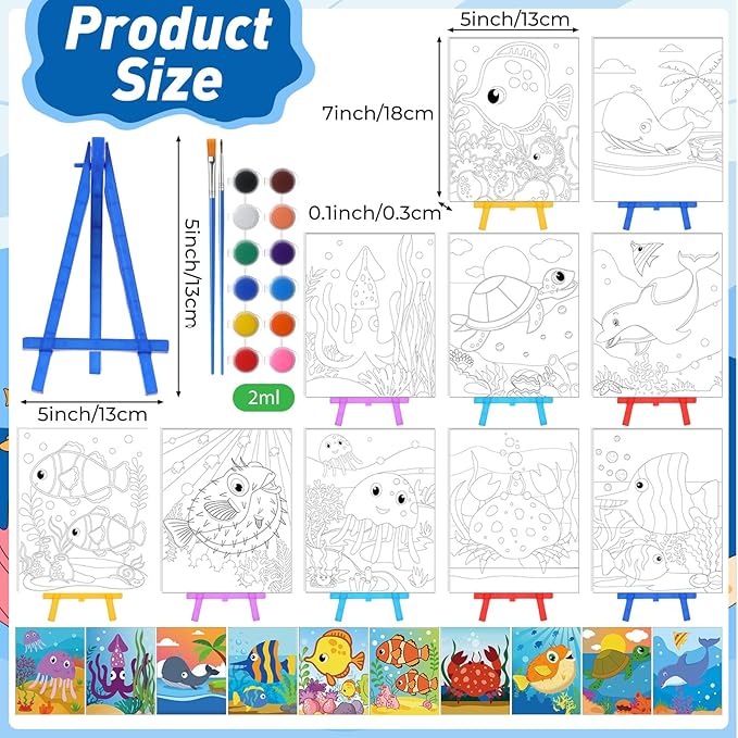 Blosssound 10 Set Pre Printed Canvas Pre Drawn Canvas Painting with Easel Kits 5" x 7" Outline Painting Panels for Beginners, DIY Craft Project, Party Favor, Home Decors(Ocean)-CubbioJoy