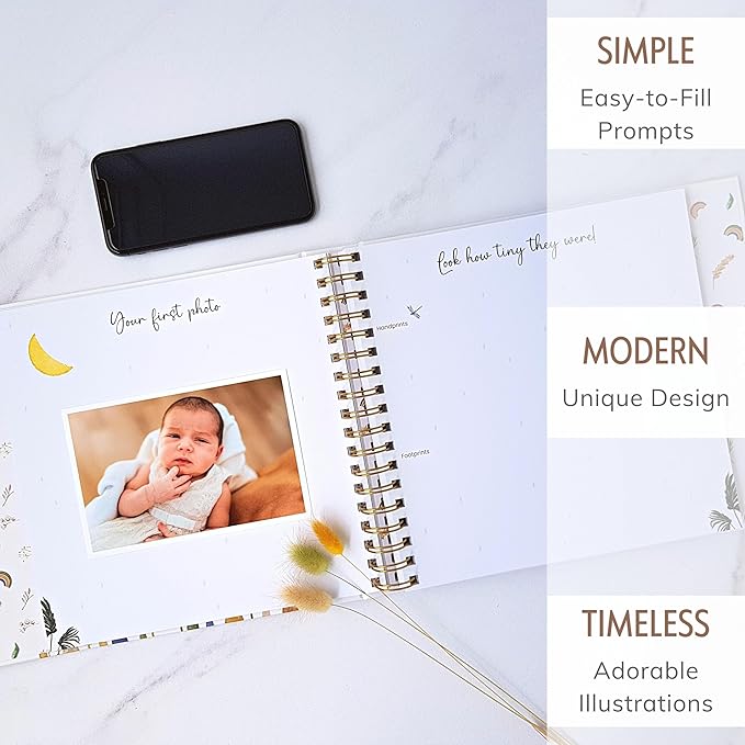 Baby Album Memory Book for Girl or Boy - First 5 Years Unisex Bohemian Rainbow Keepsake Journal to Log Newborn Milestone - Photo Album Scrapbook for Baby Shower - Unique New Parents Gifts for Couples-CubbioJoy
