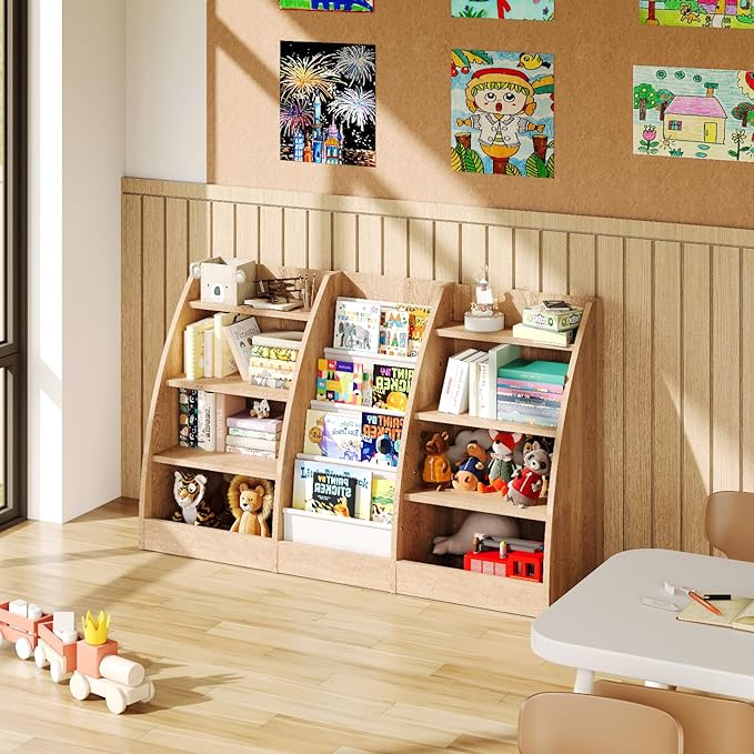 4 Tier Kids Bookshelf, 4 Layer Sling Kids Book Shelf for Kids Rooms, XXL Wood Children Bookcase,Baby Storage Book Rack,Toddler Bookshelf, Book and Toy Organizer,Book Display Shelf Burlywood-CubbioJoy