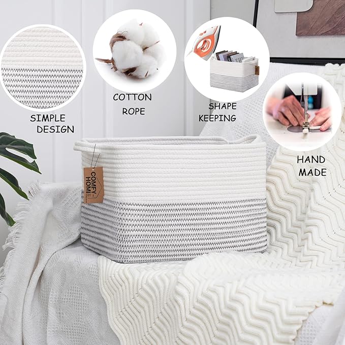 COMFY-HOMI Cotton Rope Woven Basket with Handles for Shelves,Toys,Book, Cloth Storage Baskets Bin for Organizing-13.5"x11"x9.5" Toy Decorative Organizer for Living Room, Bathroom-White/Black Line-CubbioJoy