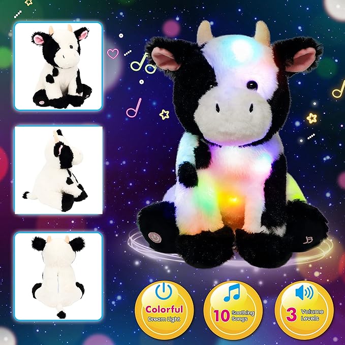 Cuteoy Light-up Singing Plush Cow LED Musical Stuffed Animal Adjustable Volume Lullaby Plushies Birthday Christmas Toy Gifts for Kids Toddler Girls, 13"-CubbioJoy