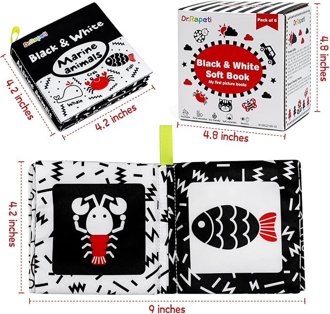 Dr.Rapeti Soft Cloth Books Baby Books Bath Books 6-Pack for Baby Infant Toddler Kids High Contrast Black and White Crinkle Washable Chewable Non-Toxic Early Educational Giftable-CubbioJoy