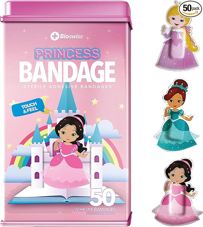 BioSwiss Bandages, Princess Shaped Self Adhesive Bandage, Latex Free Sterile Wound Care, Fun First Aid Kit Supplies for Kids, 50 Count-CubbioJoy