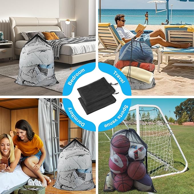 2 Pack Mesh Laundry Bags, Large Travel Laundry Washing Bags for Dirty Clothes Storage, 24" X 36" Washable Heavy Duty Laundry Net Bag With Drawstring for College Dorm, Hamper, Room, Laundromat (Black)-CubbioJoy