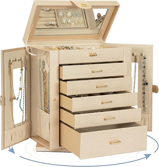 AKOZLIN Jewelry Box 360° Rotating 6-Tier Functional Jewelry Storage Case Organizer for Women Girls Ring Necklace Earring Bracelet Holder with Mirror-CubbioJoy