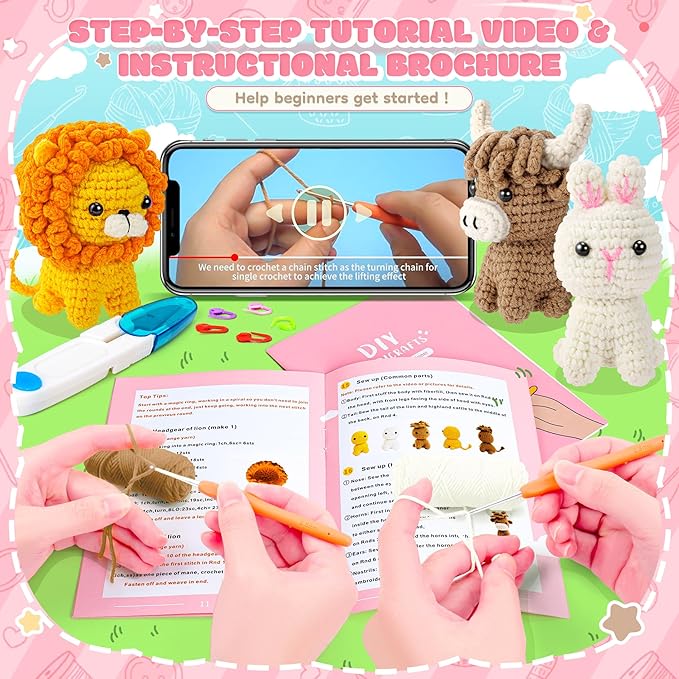 Crochet Kit for Beginners, Amigurumi Crochet Animal Kits, Crocheting Kit for Starters Adult Kids with Step-by-Step Video Tutorials, Animal Kits with Highland Cow, Lion, Bunny-CubbioJoy