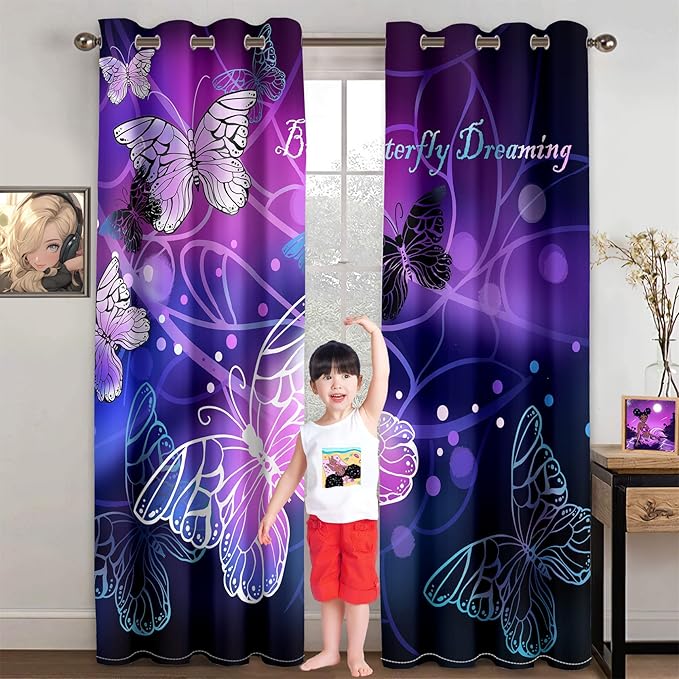 Butterfly Window Curtain Panels Purple Blackout Girls Curtains for Bedroom 2 Panels Curtains 84 inch Length for Girls Bedroom Nursery Room Grommet Top Thermal Insulated Curtains, 82" x 84"-CubbioJoy