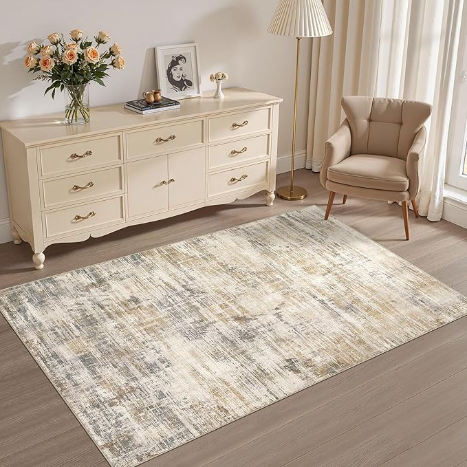Area Rug for Living Room: 3x5 Washable Neutral Abstract Modern Soft Rugs Non Slip Indoor Floor Stain Resistant Carpet for Bedroom Dining Room Office Nursery - Golden Brown-CubbioJoy