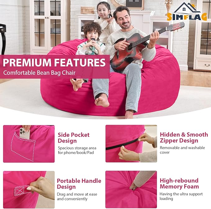 4FT Bean Bag Chair, Large Bean Bag Chairs with Memory Foam Filled, Fluffy Beanbag Sofa with Dutch Velvet Cover, Round BeanBag Chairs for Living Room, Playroom - Pink-CubbioJoy