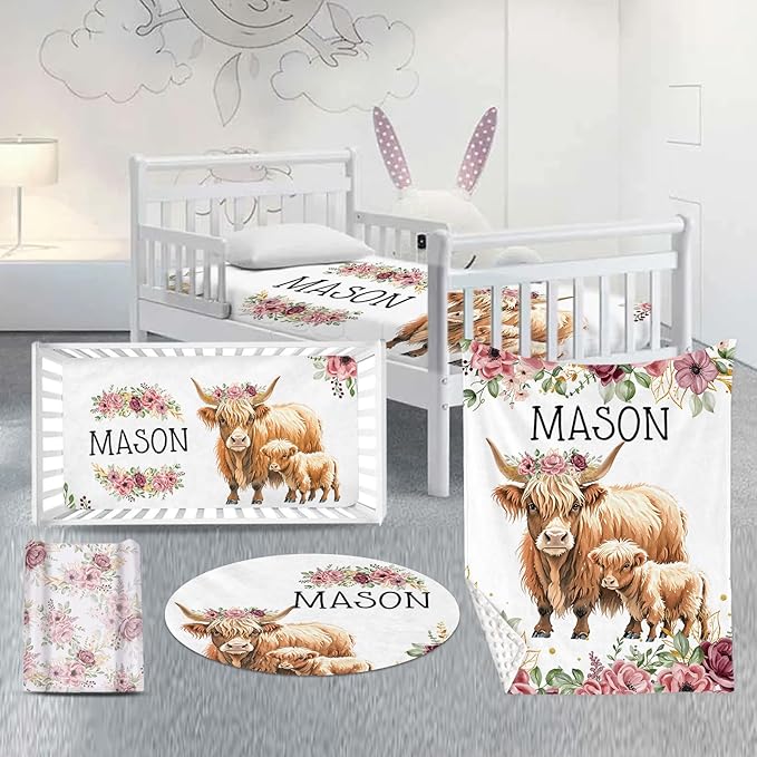 Custom Nursery Crib Bedding Set: Personalized Name 4 Piece Flower Highland Cow Design Baby Crib Sets for Baby Girls - Toddler Double Layer Blanket Set, Comfortable Crib Bed Sheets for Baby Toddlers-CubbioJoy