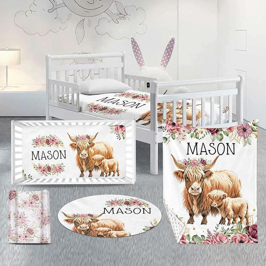 Custom Nursery Crib Bedding Set: Personalized Name 4 Piece Flower Highland Cow Design Baby Crib Sets for Baby Girls - Toddler Double Layer Blanket Set, Comfortable Crib Bed Sheets for Baby Toddlers-CubbioJoy