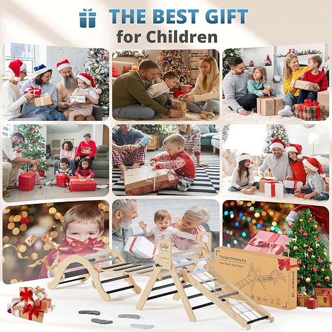 BlueWood 10-in-1 Pikler Triangle Set, Toddler Climbing Toys Indoor, Montessori Climber, Baby Jungle Gyms with Arch, Extra Rope Ladder & Footprint Balance Beam - Grey Twilight-CubbioJoy