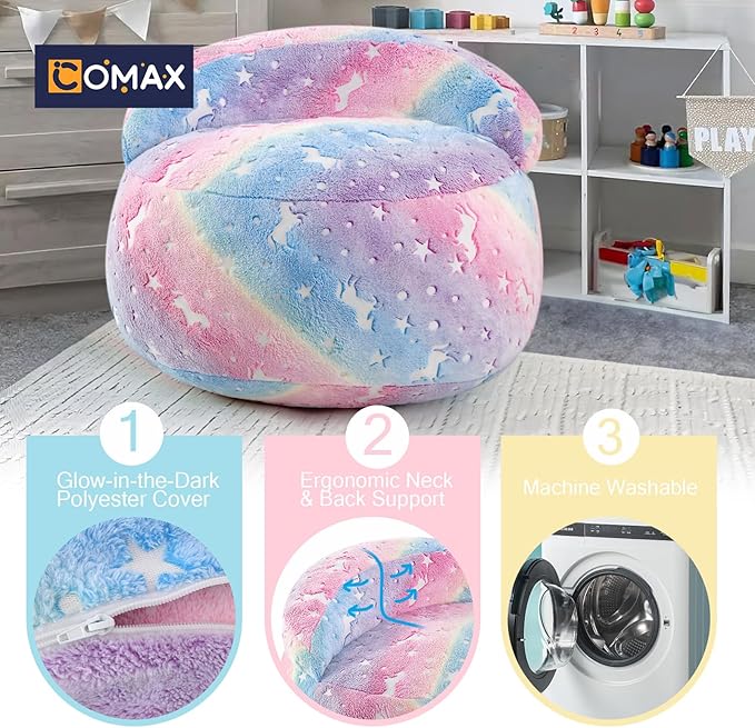 COMAX Bean Bag Chair for Kids, Convertible Toddler Beanbag Bed Unicorn, Children Bean Chair Stuffed to Floor Mattress with Filler, Growing Colorful Rainbow-CubbioJoy