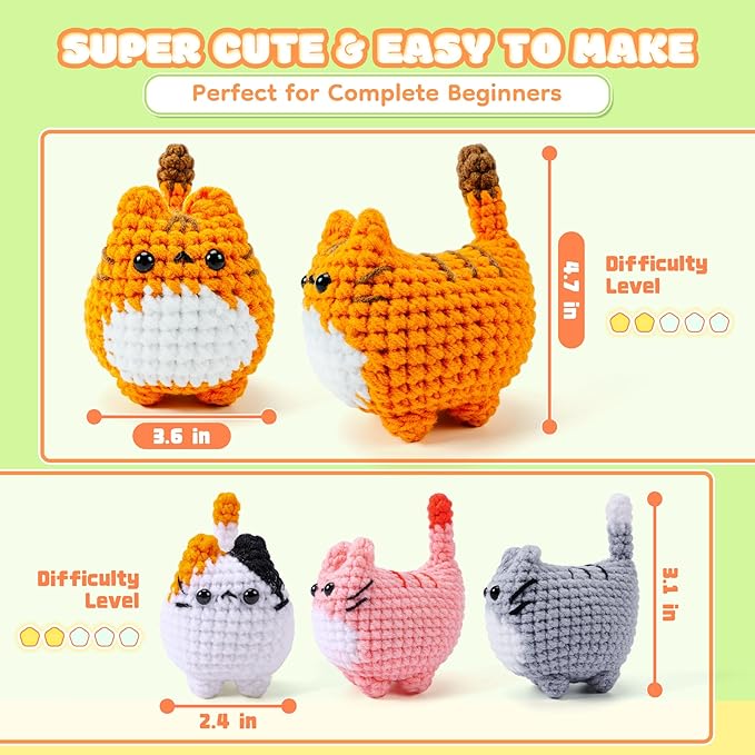 Crochet Kit for Beginners-4PCS Cat Crochet Kits for Adults, Crochet Starter Kit with Step-by-Step Video Tutorials, Crochet Animals Kits DIY Craft Knitting Kit Learn to Crochet Kits for Adults-CubbioJoy