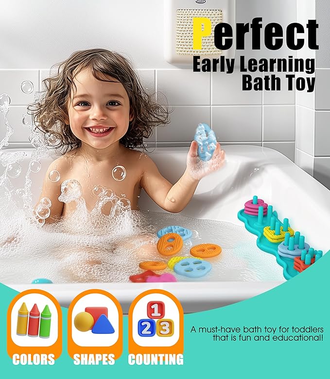 Baby Bath Toys Mold-Free Silicone Bath Toys, Sensory Shape Sorting & Stacking Set Includes 20 Floating Pieces, Early Learning Bathtub Toys for Toddlers-CubbioJoy