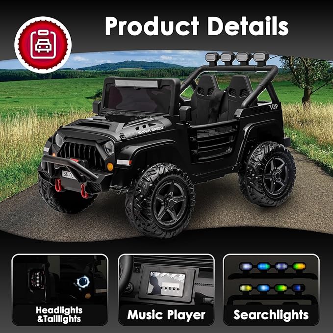 24V 2 Seater Ride On Truck with Remote Control 4WD Electric Car for Kids Ride On Car Battery Powered Ride On Toy Car with Music Player, LED Lights, Bluetooth, Rear Shock Absorber, Black-CubbioJoy