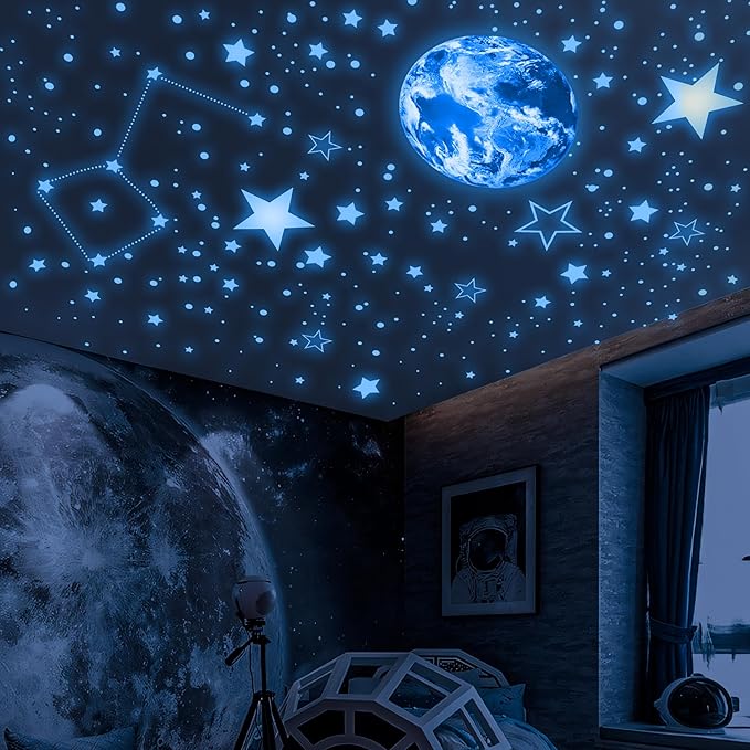 965 PCS Glow in The Dark Stars and Earth for Ceiling, Luminous Stars and Planet Wall Decals, Kids Room Decor, Glowing Galaxy Wall Stickers for Nursery Decorations (Blue)-CubbioJoy
