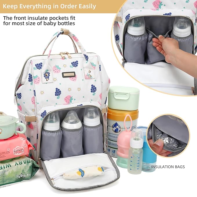 Diaper Bag Backpack, Diaper Bags for Baby Girls Boys, Baby Bags for Moms Dads, Nappy Changing Bag with Insulated Pockets,Multi-functional Waterproof Backpack with Stroller straps-Berry White-CubbioJoy