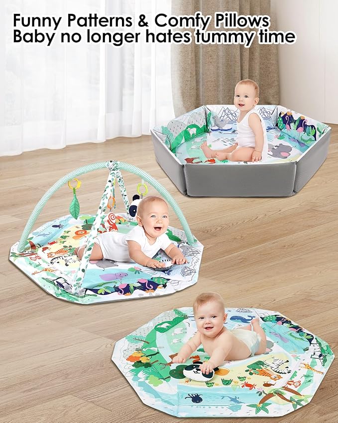 dearlomum 4-in-1 Tummy Time Mat,Baby Activity Play Mat,Newborn Play Baby Mats for Floor with 6 Infant Learning Sensory Baby Toys, Toddler Motor Skill Development,Babies Ball Pit with 18 Ocean Balls-CubbioJoy