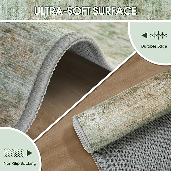Area Rug 9x12 Washable Rugs: Abstract Large Living Room Rugs with Non-Slip Backing, Thin Carpet for Dining Room Table Bedroom Nursery Indoor Home Office-Light Green/Brown-CubbioJoy