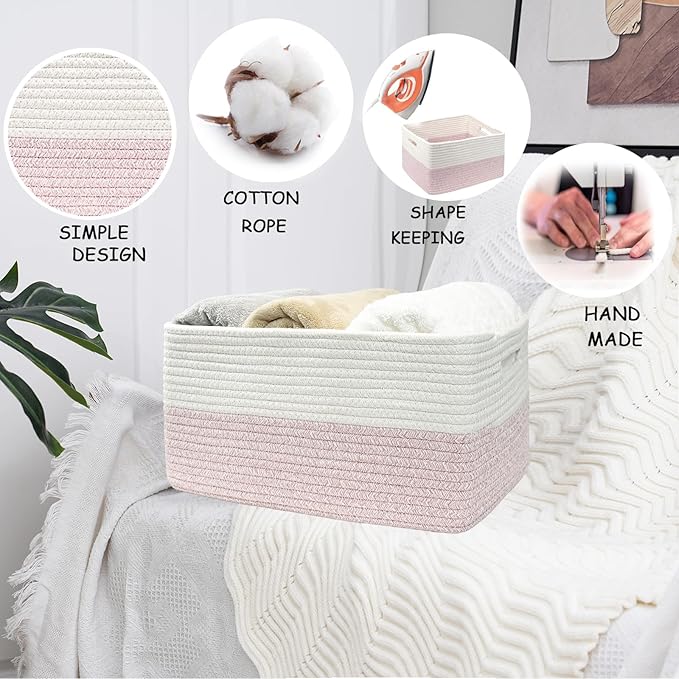 COMFY-HOMI Cotton Rope Woven Basket with Handles for Shelves,Toys,Book, Cloth Storage Baskets for Organizing-17" x 13" x 7.5" Toy Decorative Organizer for Living Room, Bathroom （white/pink）-CubbioJoy