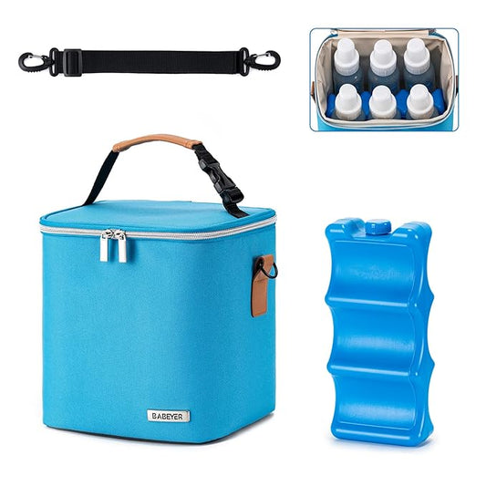 Breastmilk Cooler Bag with Ice Pack Fits 6 Baby Bottles Up to 9 Ounce, Baby Bottle Bag with Shoulder Strap for Nursing Mom Daycare, Blue-CubbioJoy
