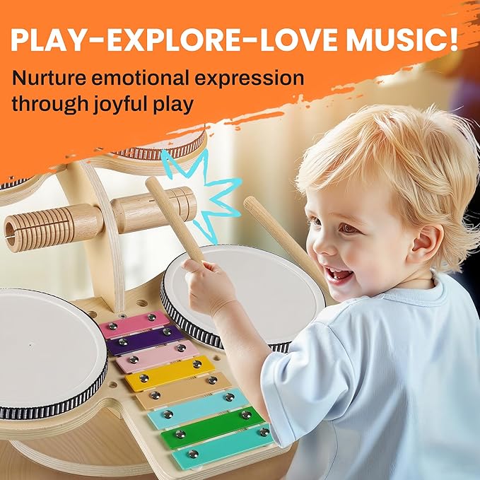 iPlay, iLearn Toddler Wooden Drum Set, Kids Musical Instruments Toy, 8 in 1 Percussion Drum Kit W/Xylophone Cymbal, Baby Montessori Learning Birthday Gifts for 18 Month, 2 3 4 5 6 Year Old Boy Girl-CubbioJoy