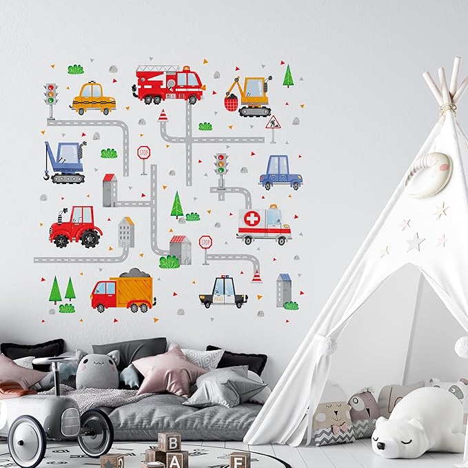Car Wall Decals by Lipastick - Peel and Stick Transport Road Trucks Stickers for Boys Room, Toddler Bedroom, Baby Nursery, Kids Playroom, Living Room- Removable Decor - M Size-CubbioJoy